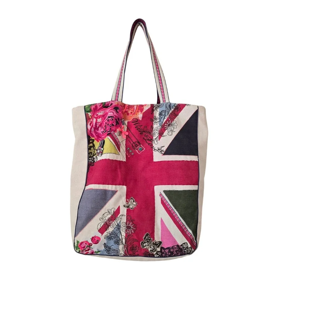 Union Jack Patchwork Floral Canvas Tote‎ Bag Pink Blue Butterfly British Flag